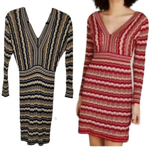 Apricot Knit Bodycon Wavy  Stripe V-neck Low Back Long Sleeve Sweater Dress